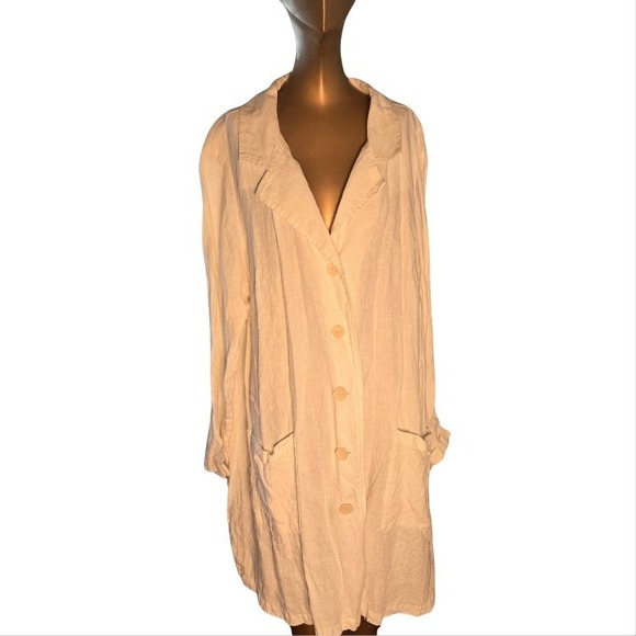 Flax 100% Linen Neutral Button Up Long Jacket Pockets Tunic Size Large Off White - Picture 1 of 8